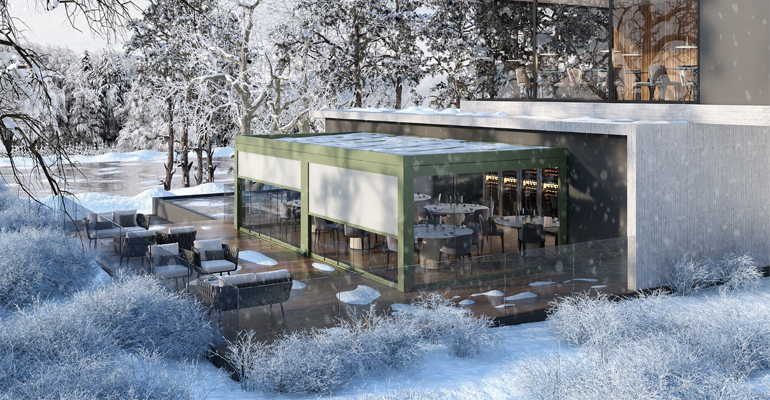 Pérgola bioclimática de vidrio con opción fotovoltaica