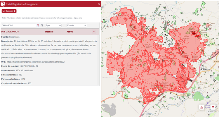 El Portal Registral de Emergencias identifica más de 750 fincas afectadas por el incendio de Almería